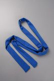 Bleu Sexy décontracté quotidien solide dentelle Patchwork transparent avec ceinture col en V barboteuses régulières