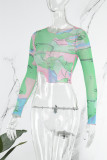 Grüne Street-Print-Patchwork-Mesh-Tops mit fadenförmiger Selvedge und O-Ausschnitt
