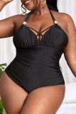 Black Sexy Solid Bandage Backless Halter Plus Size Swimwear (With Paddings)