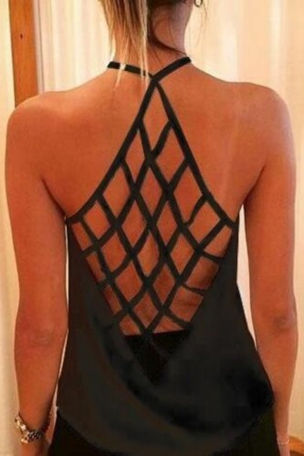Black Sexy Casual Print Solid Backless Spaghetti Strap Tops