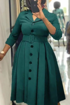 Groene elegante effen patchwork knopen kraag A-lijn jurken (met riem)