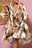 Kaki Casual Print Patchwork Turndown Collar Grote maten jurken met lange mouwen