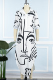 Weiße, elegante, bedruckte Hemdblusenkleider mit Taschenknöpfen und Schlitz, Umlegekragen