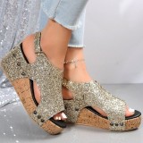 Silver Casual Hollowed Out Sequins Patchwork Fish Mouth Out Door Wedges Shoes