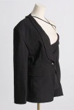 Prendas de abrigo de cuello oblicuo de botones de vendaje sólido elegante negro