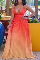 Оранжевое сексуальное повседневное платье с постепенным изменением печати, длинное платье с открытой спиной и V-образным вырезом