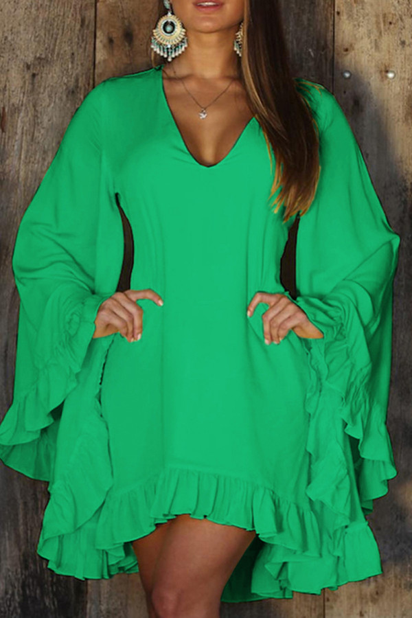 Зеленые повседневные однотонные платья с длинным рукавом в стиле пэчворк с V-образным вырезом
