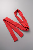 Rosso sexy casual quotidiano patchwork di pizzo solido trasparente con cintura con scollo a V pagliaccetti regolari