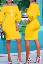 Vestidos de manga larga con hombros descubiertos y estampado informal de moda amarillo