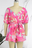 Pink Casual Cute Vacation Floral Printing V Neck Straight Rompers