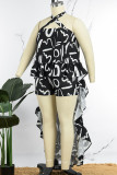 Black Casual Vacation Print Hollowed Out Printing Halter Sleeveless Two Pieces