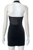 Черное сексуальное однотонное платье в стиле пэчворк с открытой спиной и лямкой на шее без рукавов Платья
