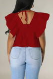 Red Casual Sweet Solid Patchwork Flounce V Neck T-Shirts
