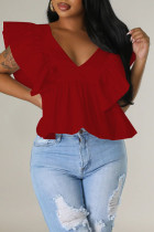 Red Casual Sweet Solid Patchwork Flounce V Neck T-Shirts