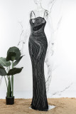 Vestido largo correa de espagueti con abertura sin espalda transparente con perforación en caliente de retazos sexy negro Vestidos