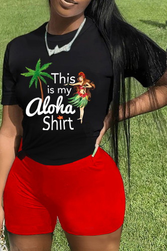 Black Red Street Print Patchwork O Neck Short Sleeve Two Pieces