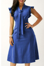 Blauwe elegante effen patchwork Frenulum volants O-hals A-lijn jurken