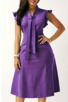 Фиолетовые элегантные однотонные платья в стиле пэчворк с воланами и круглым вырезом