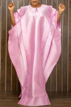 Vestido largo con cuello en O de patchwork sólido casual rosa Vestidos de talla grande