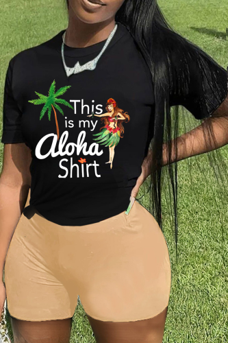 Black khaki Street Print Patchwork O Neck Short Sleeve Two Pieces