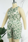 Green Casual Print Basic O Neck Plus Size Two Pieces