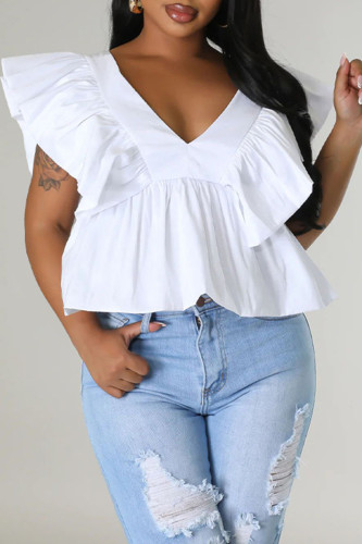 White Casual Sweet Solid Patchwork Flounce V Neck T-Shirts