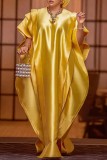 ゴールデンイエローカジュアルソリッドパッチワークOネックロングドレスプラスサイズドレス