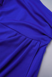 Königsblaue, elegante, solide Patchwork-Volant-Kleider mit asymmetrischem, schrägem Kragen und einstufigem Rock