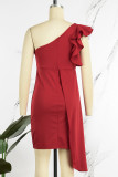 Rojo elegante sólido patchwork volante asimétrico cuello oblicuo un paso falda vestidos