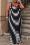 Deep Blue Casual Striped Print Backless Spaghetti Strap One Step Skirt Plus Size Dresses