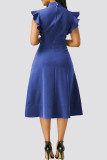 ブルーのエレガントなソリッドパッチワーク小帯フラウンスOネックAラインドレス