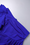 Königsblaue, elegante, solide Patchwork-Volant-Kleider mit asymmetrischem, schrägem Kragen und einstufigem Rock