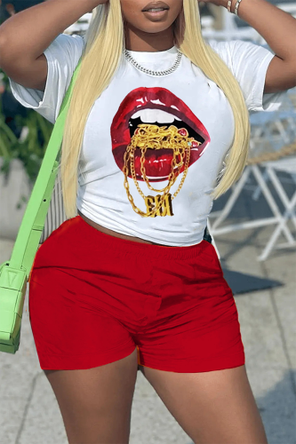 White Red Casual Lips Printed Patchwork O Neck Short Sleeve Two Pieces