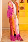 Многоцветное повседневное длинное платье с принтом и кисточками в стиле пэчворк с V-образным вырезом Платья больших размеров