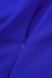 Koningsblauw elegante effen patchwork ruche asymmetrische schuine kraag een stap rok jurken