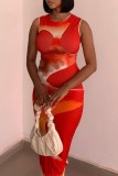 Красное сексуальное повседневное платье с принтом, базовое длинное платье с круглым вырезом, платья
