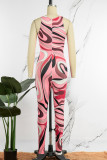 Rose Red Casual Print Basic O Neck Skinny Jumpsuits