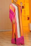 Vestido longo multicolor estampado casual com borlas patchwork decote em V vestidos tamanho grande
