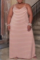 Светло-коричневая повседневная полосатая юбка с принтом на тонких бретельках и открытой спиной Платья больших размеров