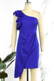Vestidos de falda de un paso con cuello oblicuo asimétrico con volantes de patchwork liso elegante azul real