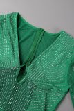 Vert Sexy Patchwork Hot Drill V Neck Robes à manches longues
