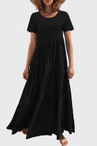 Schwarzes, lässiges, einfarbiges Patchwork-Kleid mit O-Ausschnitt und kurzen Ärmeln