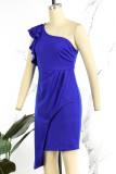 カーキ エレガント ソリッド パッチワーク フラウンス 非対称 斜め襟 ワン ステップ スカート ドレス