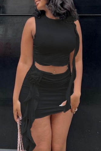 Black Sexy Solid Patchwork O Neck Sleeveless Two Pieces