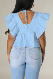 Light Blue Casual Sweet Solid Patchwork Flounce V Neck T-Shirts