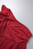 レッドエレガントソリッドパッチワークフラウンス非対称斜め襟ワンステップスカートドレス