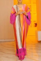 Vestido largo con escote en V y retazos de borlas con estampado informal multicolor Vestidos de talla grande