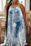 ブルー セクシー カジュアル プリント バックレス スパゲッティ ストラップ ロング ドレス プラス サイズ ドレス