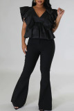 Black Casual Sweet Solid Patchwork Flounce V Neck T-Shirts
