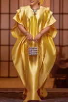 Goldgelbes, lässiges, solides Patchwork-O-Ausschnitt-langes Kleid in Übergröße